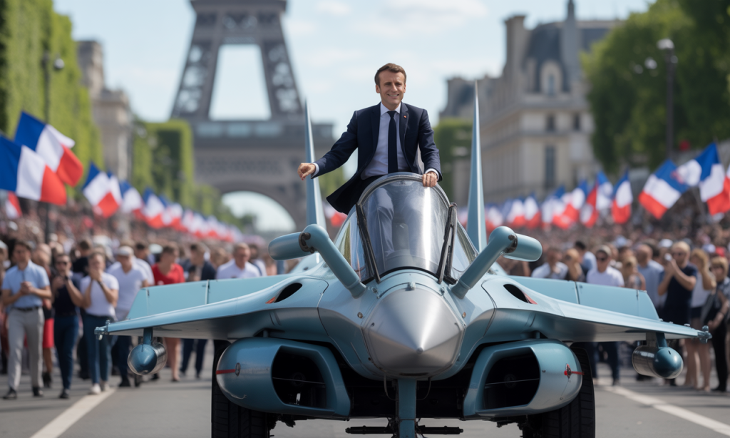 emmanuel macron célèbre le 14 juillet en défilant à bord d'un renault rafale, une démonstration spectaculaire alliant tradition et innovation lors de la fête nationale française.